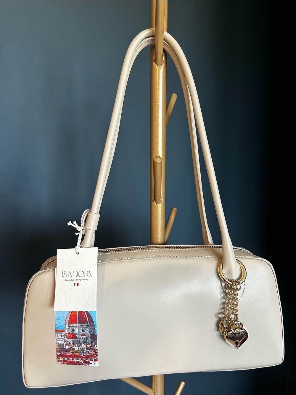 ISADORA Italian Cream Leather Shoulder Bag with Gold Charm